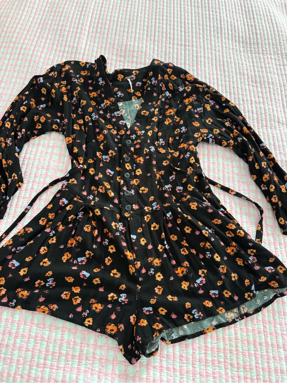 Free People Black Floral Long-Sleeve Button Romper with Orange & Pink Flowers